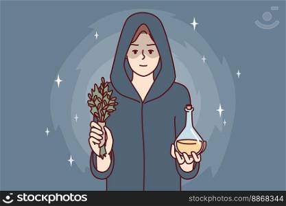 Woman sorceress dressed in cloak with hood holds miraculous elixir and sprig of plant. Healer girl prepared for mysterious rite using magic or healing conspiracy. Flat vector image . Woman sorceress dressed in cloak with hood holds miraculous elixir and sprig of plant. Vector image