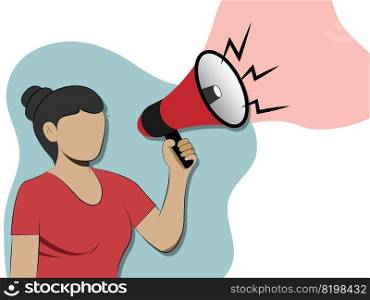 woman speaking into a megaphone calling, vector cartoon illustration