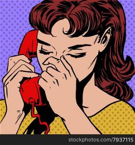 woman speaks on the phone pop art comics retro style Halftone. A woman speaks on the phone pop art comics retro style Halftone. Imitation of old illustrations