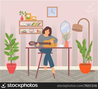 Woman spending time at home vector, guitarist with acoustic instrument. Houseplant growing in pot, room interior with plants and shelves and books. Woman Playing Guitar Guitarist Player at Home