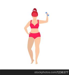 Woman Sport Activity. Curvy Girl Sports Exercise with Dumbbell, Fitness, Workout Isolated Plus Size Lady in Stylish Red Bikini. Bodypositive and Healthy Lifestyle Cartoon Flat Illustration, Icon. Woman Sport Activity. Girl Exercise with Dumbbell