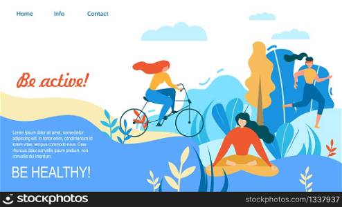 Woman Sport Training Outdoors. Be Active and Healthy Vector Illustration. Cartoon Girl Cycling, Running, Ride Bicycle. Meditation Yoga Sport Exersice. Park Tree Nature. Fit Female Person Workout. Woman Sport Training Outdoors Be Active Healthy