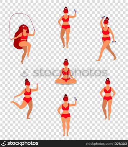Woman Sports Activities Set. Girl Sport Workout Full Body Fitness, Yoga Exercises with Dumbbells, Jumping Rope Isolated. Weight Loss Plus Size Sportswoman Cartoon Flat Vector Illustration, Clip art. Woman Sport Activities Set. Girl Doing Sports