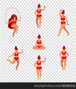 Woman Sports Activities Set. Girl Sport Workout Full Body Fitness, Yoga Exercises with Dumbbells, Jumping Rope Isolated. Weight Loss Plus Size Sportswoman Cartoon Flat Vector Illustration, Clip art. Woman Sport Activities Set. Girl Doing Sports