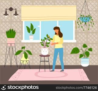 Woman spray plant with water. Female caring for house plants. Green home garden or greenhouse with plants in pots. Growing houseplants. Home leisure, hobby, everyday activities. Home jungle design. Green home garden or greenhouse with plants in pots, growing houseplants, woman spraying plant