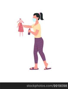Woman spraying toy with disinfector flat color vector faceless character. Kindergarten new normal. Hygiene during covid pandemic isolated cartoon illustration for web graphic design and animation. Woman spraying toy with disinfector flat color vector faceless character