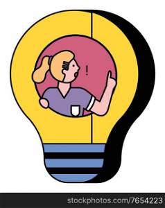 Woman stand alone in light bulb shaped icon. Young lady look away and think about creative solution. Person posing, female portrait in pictogram that symbolizes idea. Vector illustration in flat style. Woman Pose in Light Bulb and Think About Solution