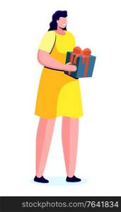 Woman stand and hold dark blue box in hands. Lady give gifts and greet with holiday. Person with present inside package that tied by red ribbon and bow. Human in yellow dress. Vector illustration. Woman Stand and Hold Box with Present Inside