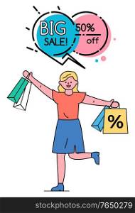 Woman stand and hold shopping bags in hands. Big sale in stores, discounts up to 50 percent off. Outline advertising bubble and lady with packages. Vector illustration of promotion in flat style. Happy Woman Hold Shopping Bags, Big Sale in Shop