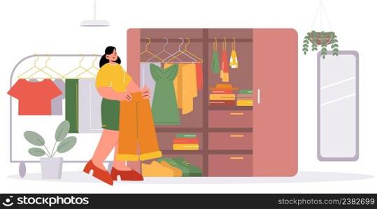 Woman stand at open wardrobe choose or sort dresses. Clothes and outfits laying on closet shelves and hang on hangers. Apparel organization and arrangement at home, Line art flat vector illustration. Woman standing at open wardrobe choose dresses