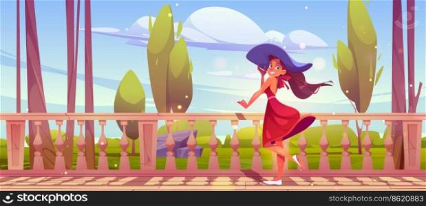 Woman stand at outdoor home terrace with marble baluster and beautiful nature landscape view. Young female character in red dress and hat resting on patio or hotel balcony, Cartoon vector illustration. Woman stand at outdoor home terrace with baluster
