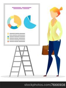 Woman stand near board with company information on diagrams. Lady show information on meeting or lecture on finance. Appointment with businesswoman, manager in suit. Vector illustration in flat style. Woman Stand near Board with Diagrams, Appointment