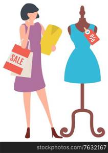 Woman stand with bag and look on blue dress on mennequin in departure store. It sale time and clothes selling with discounts. Vector illustration in flat cartoon style. Woman Looking at Dress on Mannequin in Shop