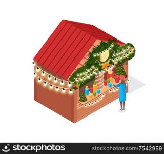 Woman standing and choosing boxes in blue coat. Holiday fair house decorated needles and garlands on roof. Seller in Sanat wear near trees vector isolated. Christmas Fair Decorated House Vector Isolated