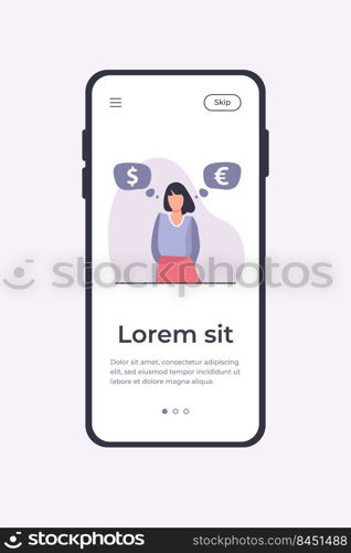 Woman standing and thinking about currency rate. Euro, dollar, cash flat vector illustration. Finance and investment concept for banner, website design or landing web page