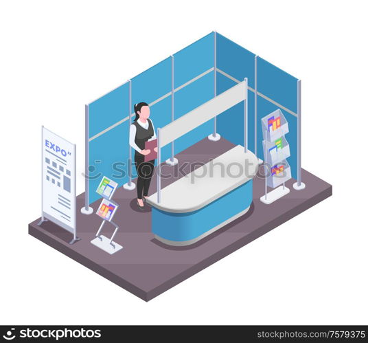 Woman standing at expo promotional stand with empty desk isometric composition 3d vector illustration