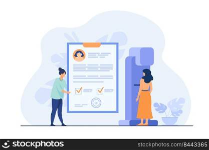 Woman standing at mammography machine for examination and disease diagnosis. Doctor holding patients medical report. Vector illustration for breast cancer prevention or medical technology concept