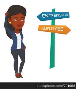 Woman standing at road sign with career pathways - entrepreneur and employee. Woman choosing career way. Woman making a decision of career. Vector flat design illustration isolated on white background. Confused woman choosing career pathway.