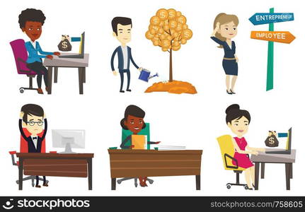 Woman standing at road sign with two career pathways - entrepreneur and employee. Woman making a decision of her future career. Set of vector flat design illustrations isolated on white background.. Vector set of business characters.