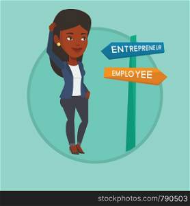 Woman standing at road sign with two career pathways - entrepreneur and employee. Business woman making a decision of her career. Vector flat design illustration in the circle isolated on background.. Confused woman choosing career pathway.