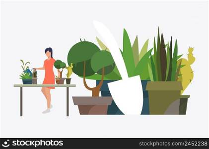 Woman standing at table and growing houseplants in pots. Leaves, nature, agriculture concept. Vector illustration can be used for topics like botany, planting, gardening. Woman standing at table and growing houseplants in pots