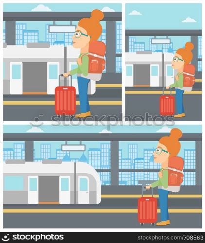 Woman standing at the train station on the background of train with open doors. Young woman with suitcase waiting for a train. Vector flat design illustration. Square, horizontal, vertical layouts.. Woman at the train station vector illustration.