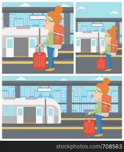 Woman standing at the train station on the background of train with open doors. Young woman with suitcase waiting for a train. Vector flat design illustration. Square, horizontal, vertical layouts.. Woman at the train station vector illustration.