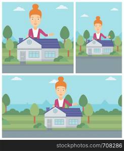 Woman standing behind the house and showing thumb up. Female real estate agent offering the house. Young woman giving thumbs up. Vector flat design Illustration. Square, horizontal, vertical layouts.. Real estate agent showing thumb up.