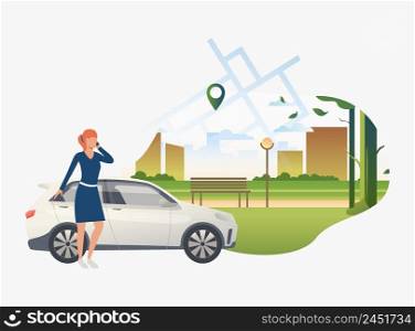 Woman standing by car with city park in background. Transport, vehicle concept. Vector illustration can be used for topics like business, car sharing service, transportation