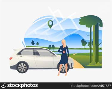 Woman standing by car with landscape in background. Transport, vehicle concept. Vector illustration can be used for topics like business, car sharing service, transportation