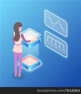 Woman standing by pedestal vector, 3d isometric female worker with organized information, working female controlling process, statistics and infographics isolated. Woman Dealing with Infographics and Charts Vector