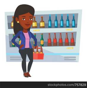 Woman standing in alcohol store with pack of beer on background of refrigerator. Woman buying beer. Beer lover holding pack with bottles. Vector flat design illustration isolated on white background.. Woman with pack of beer at supermarket.