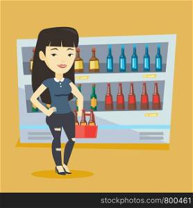 Woman standing in alcohol store with pack of beer on the background of refrigerator with bottles. Girl buying beer. Beer lover holding pack with bottles. Vector flat design illustration. Square layout. Woman with pack of beer at supermarket.