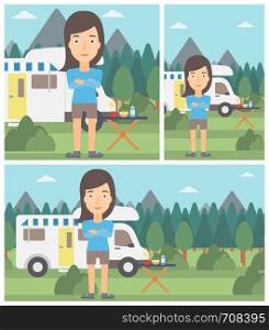 Woman standing in front of motor home. Woman with arms crossed enjoying vacation in camper van. Woman travelling by camper van. Vector flat design illustration. Square, horizontal, vertical layouts.. Woman standing in front of motor home.