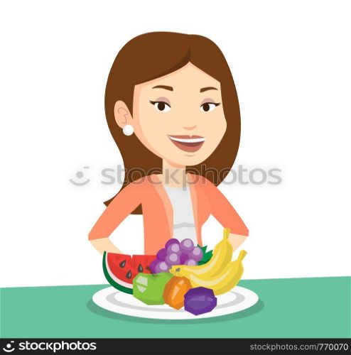 Woman standing in front of table with fresh fruits. Smiling woman with plate full of fruits. Caucasian woman eating fresh healthy fruits. Vector flat design illustration isolated on white background.. Woman with fresh fruits vector illustration.
