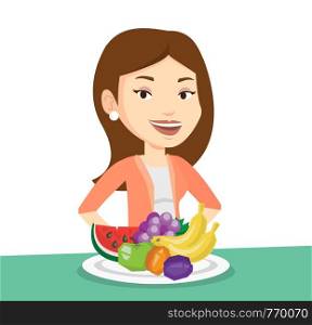 Woman standing in front of table with fresh fruits. Smiling woman with plate full of fruits. Caucasian woman eating fresh healthy fruits. Vector flat design illustration isolated on white background.. Woman with fresh fruits vector illustration.