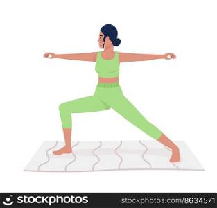 Woman standing in warrior pose semi flat color vector character. Editable figure. Full body person on white. Yoga simple cartoon style illustration for web graphic design and animation. Woman standing in warrior pose semi flat color vector character