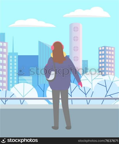 Woman standing in winter urban park alone. Lady walking through street in warm clothes, mittens and handbag. Beautiful snowy landscape of city on background. Vector illustration in flat style. Woman Walking in Urban Park Alone in Cold Weather