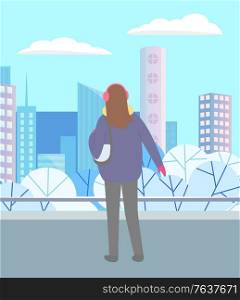 Woman standing in winter urban park alone. Lady walking through street in warm clothes, mittens and handbag. Beautiful snowy landscape of city on background. Vector illustration in flat style. Woman Walking in Urban Park Alone in Cold Weather