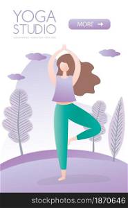 Woman standing in yoga pose,Yoga studio Banner with button or web page template,place for text,trendy flat vector illustration