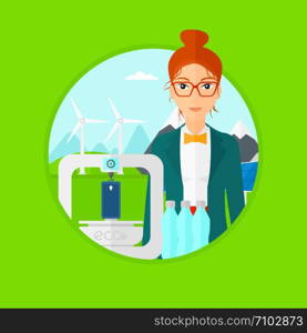 Woman standing near 3D printer on the background of wind turbines. 3D printer making a smartphone using recycled plastic bottles. Vector flat design illustration in the circle isolated on background.. Woman with three D printer.