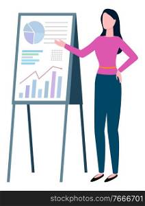 Woman standing near board with graphs and charts pointing on chatboard with data analysis. Vector isolated person studying business issues, financial education. Woman Standing Near Board with Graphs and Charts