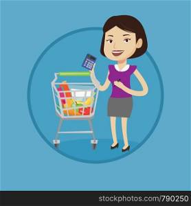 Woman standing near supermarket trolley full with products and holding a calculator in hand. Woman checking prices with calculator. Vector flat design illustration in the circle isolated on background. Female customer counting on calculator.