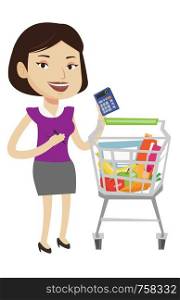 Woman standing near supermarket trolley with calculator in hand. Woman checking prices on calculator. Customer counting on calculator. Vector flat design illustration isolated on white background.. Female customer counting on calculator.