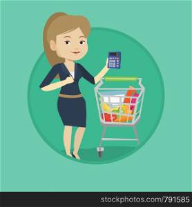 Woman standing near supermarket trolley with calculator in hand. Woman checking prices on calculator. Customer counting on calculator. Vector flat design illustration in circle isolated on background.. Female customer counting on calculator.
