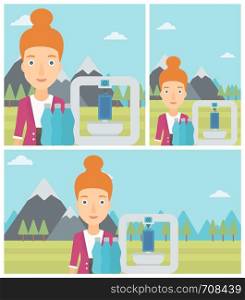 Woman standing near three D printer on the background of mountains. 3D printer making a smartphone using recycled plastic bottles. Vector flat design illustration. Square, horizontal, vertical layouts. Woman with three D printer vector illustration.