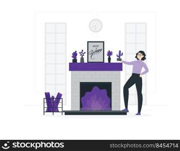 woman standing next to fireplace flat design