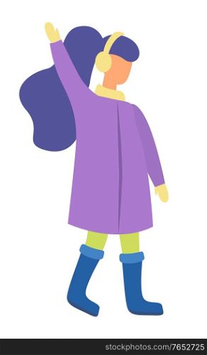 Woman standing on ground alone and raising hand. Lady in warm clothes like overcoat, earmuffs and boots. Brunette with long dark hair. Isolated person posing. Vector illustration in flat style. Woman Stand in Warm Clothes, Winter Cold Weather