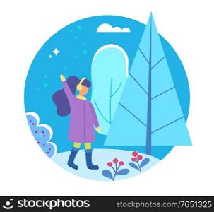 Woman standing on hill with rising hand in winter park. Card in round shape female character near snowy fir-tree and blossom. Person in casual clothes walking in frost season and dark view vector. Female Near Fir-tree in Dark Winter Park Vector