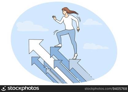 Woman standing on huge arrows showing personal or career growth. Excited motivated female ready for new opportunities and challenges. Vector illustration.. Woman standing on huge arrows